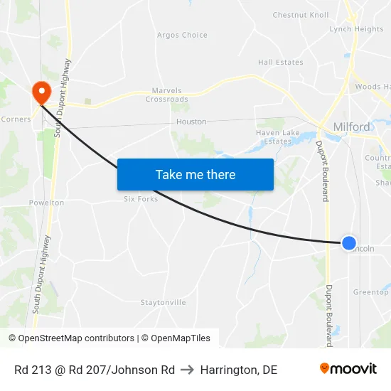Rd 213 @ Rd 207/Johnson Rd to Harrington, DE map