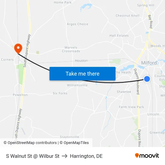 S Walnut St @ Wilbur St to Harrington, DE map