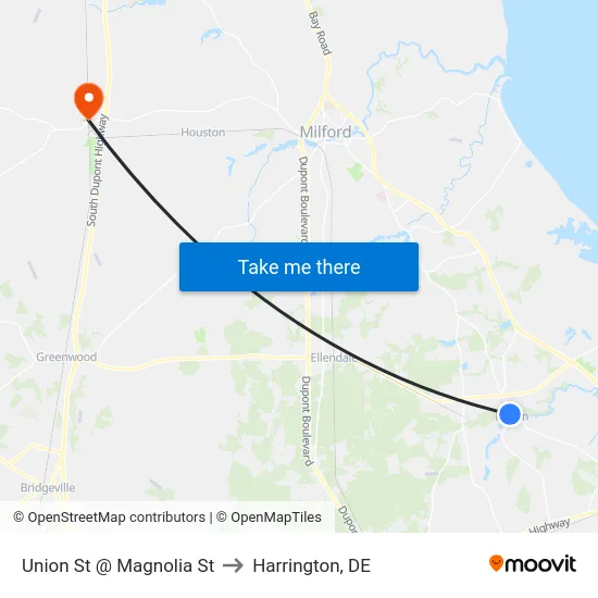 Union St @ Magnolia St to Harrington, DE map
