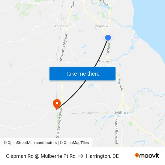 Clapman Rd @ Mulberrie Pt Rd to Harrington, DE map