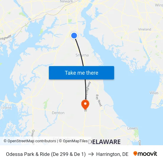 Odessa Park & Ride (De 299 & De 1) to Harrington, DE map