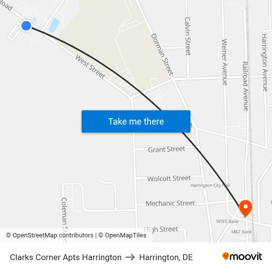 Clarks Corner Apts Harrington to Harrington, DE map