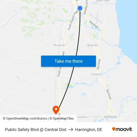 Public Safety Blvd @ Central Dist to Harrington, DE map