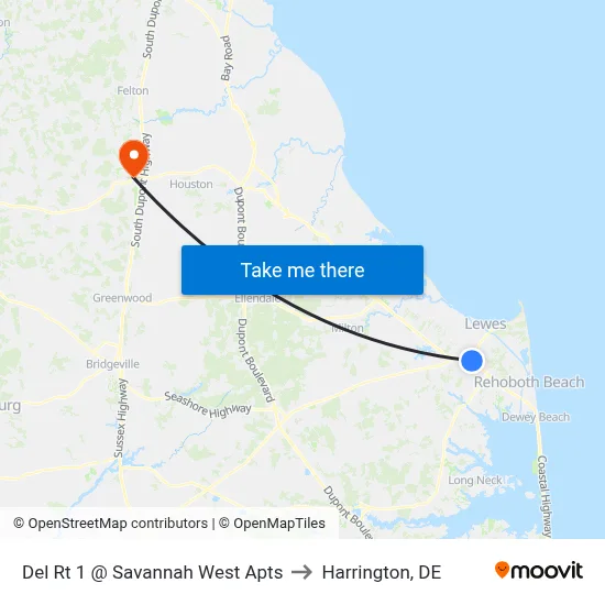 Del Rt 1 @ Savannah West Apts to Harrington, DE map