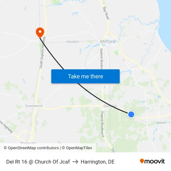 Del Rt 16 @ Church Of Jcaf to Harrington, DE map