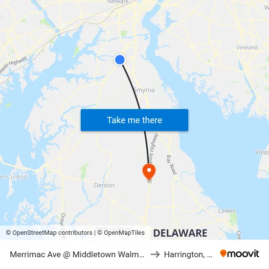 Merrimac Ave @ Middletown Walmart to Harrington, DE map