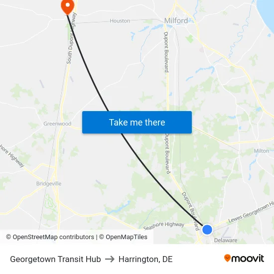 Georgetown Transit Hub to Harrington, DE map