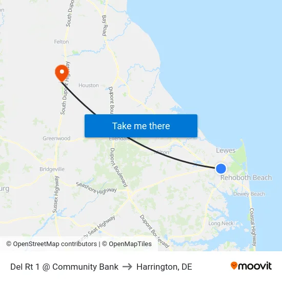 Del Rt 1 @ Community Bank to Harrington, DE map