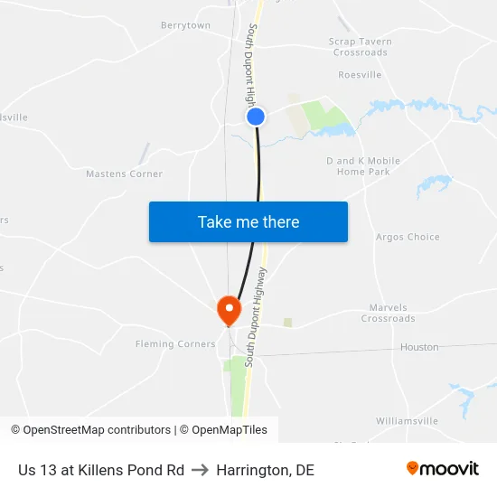 Us 13 at Killens Pond Rd to Harrington, DE map