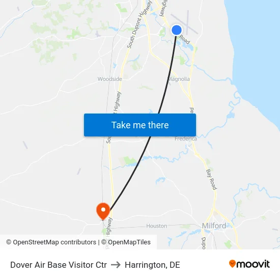 Dover Air Base Visitor Ctr to Harrington, DE map