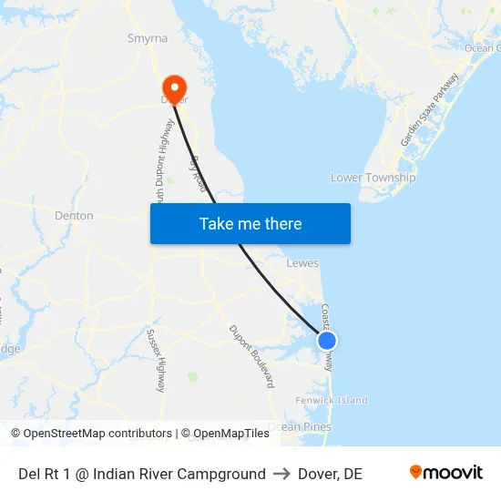 Del Rt 1 @ Indian River Campground to Dover, DE map