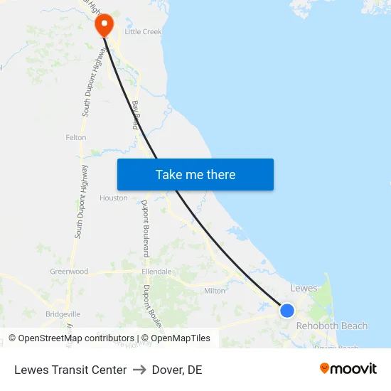 Lewes Transit Center to Dover, DE map