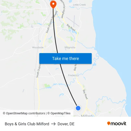 Boys & Girls Club Milford to Dover, DE map
