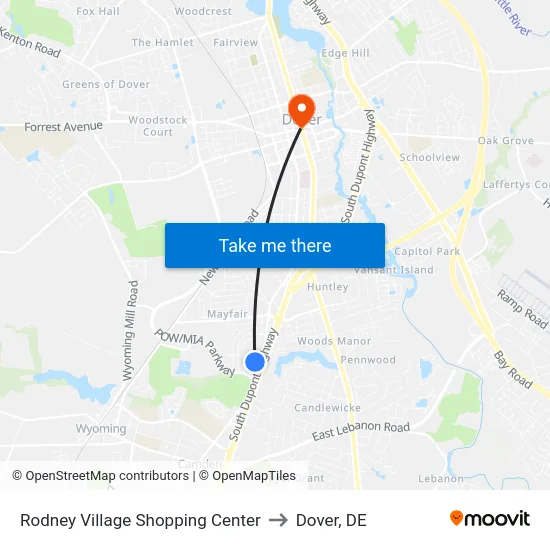 Rodney Village Shopping Center to Dover, DE map