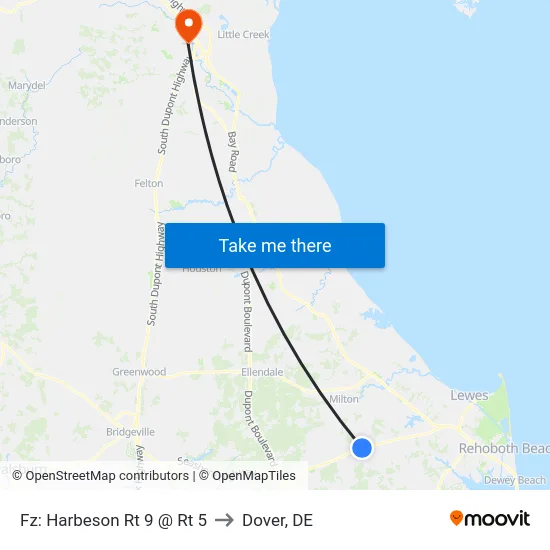 Fz: Harbeson Rt 9 @ Rt 5 to Dover, DE map