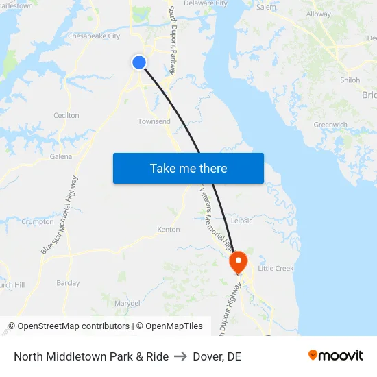 North Middletown Park & Ride to Dover, DE map