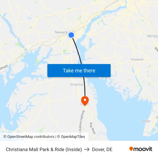 Christiana Mall Park & Ride (Inside) to Dover, DE map