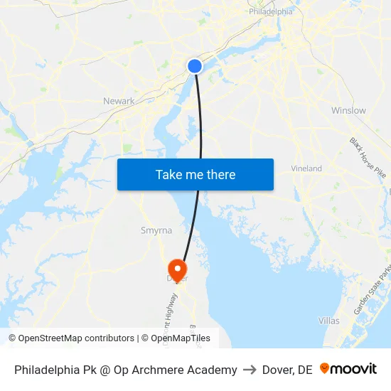 Philadelphia Pk @ Op Archmere Academy to Dover, DE map