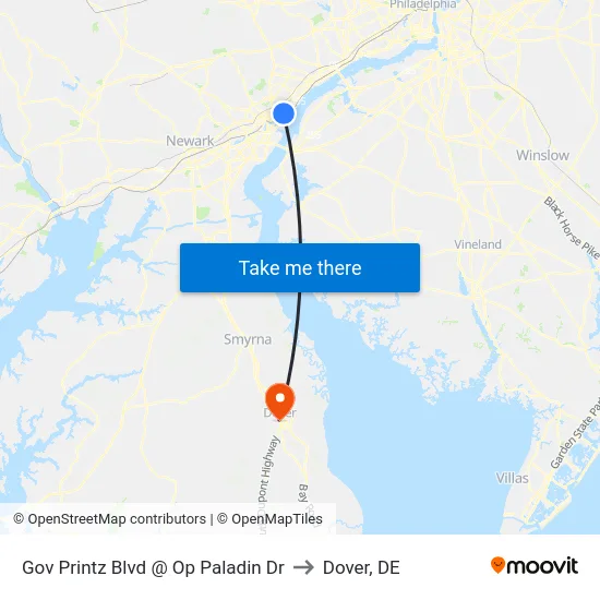 Gov Printz Blvd @ Op Paladin Dr to Dover, DE map