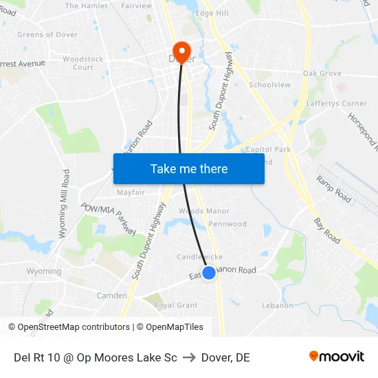 Del Rt 10 @ Op Moores Lake Sc to Dover, DE map