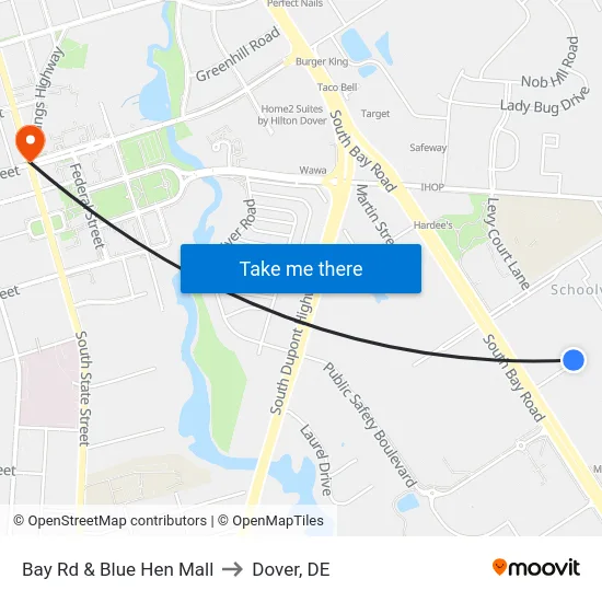 Bay Rd & Blue Hen Mall to Dover, DE map