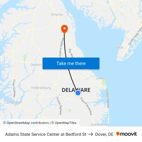 Adams State Service Center at Bedford St to Dover, DE map