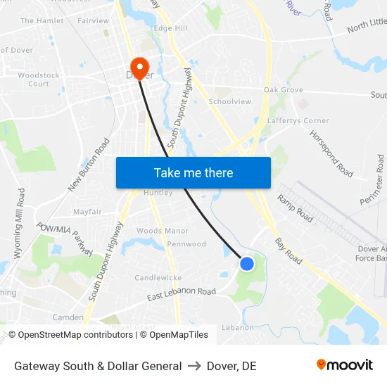 Gateway South & Dollar General to Dover, DE map