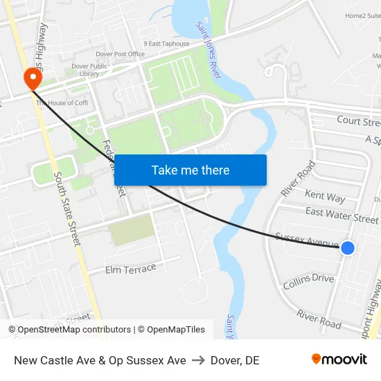 New Castle Ave & Op Sussex Ave to Dover, DE map