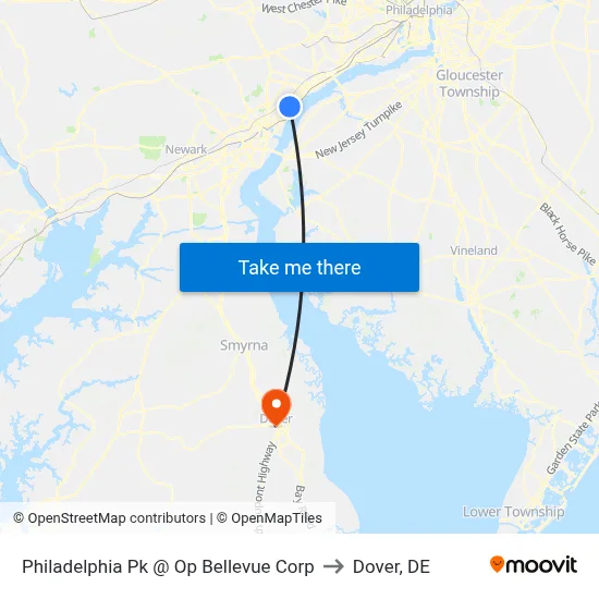 Philadelphia Pk @ Op Bellevue Corp to Dover, DE map