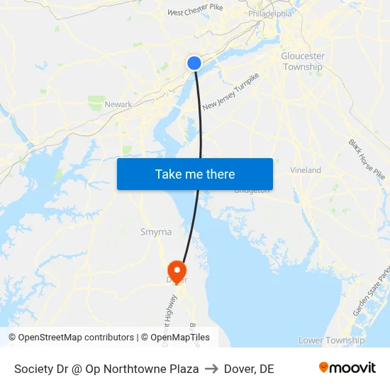 Society Dr @ Op Northtowne Plaza to Dover, DE map