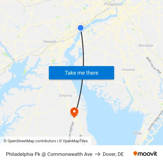 Philadelphia Pk @ Commonwealth Ave to Dover, DE map