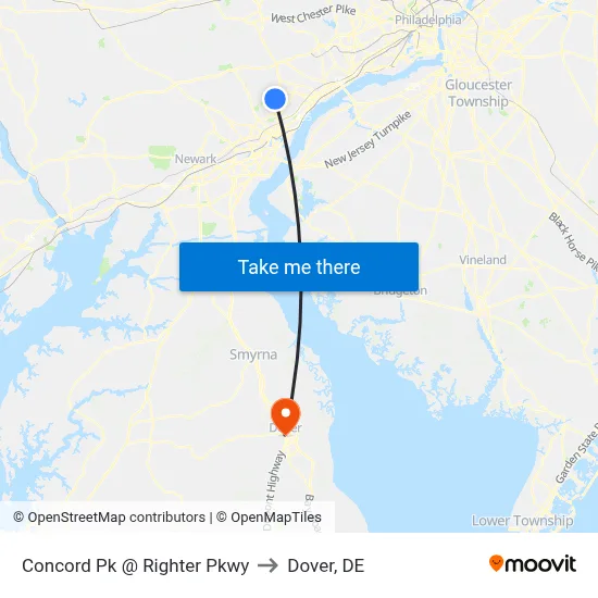 Concord Pk @ Righter Pkwy to Dover, DE map