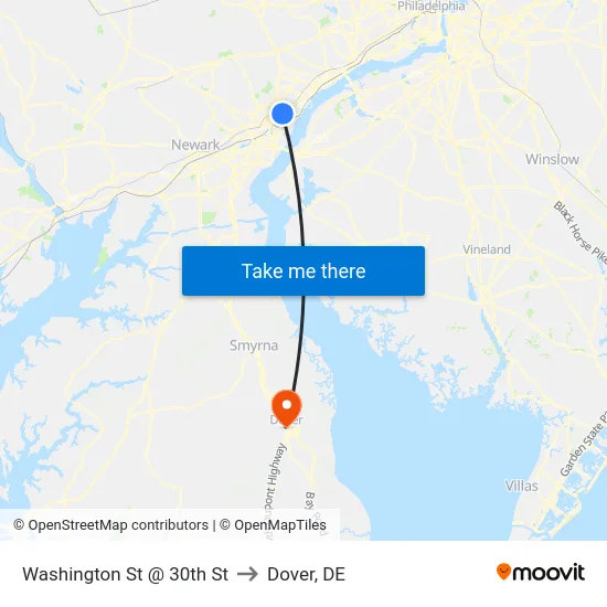 Washington St @ 30th St to Dover, DE map