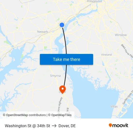 Washington St @ 34th St to Dover, DE map