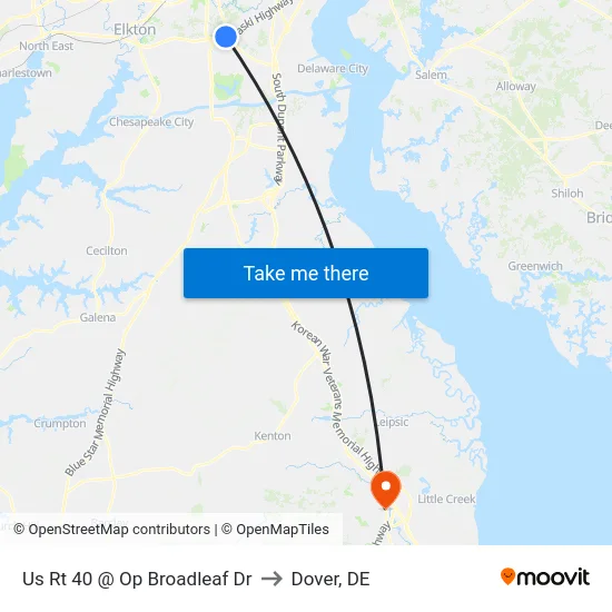 Us Rt 40 @ Op Broadleaf Dr to Dover, DE map