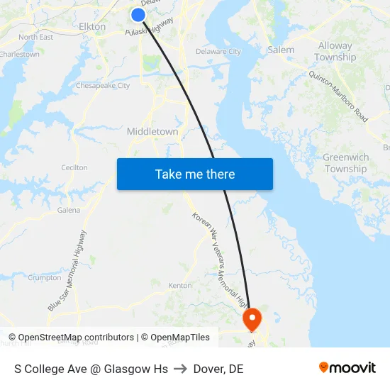 S College Ave @ Glasgow Hs to Dover, DE map