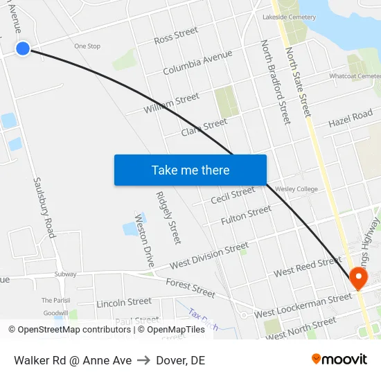Walker Rd @ Anne Ave to Dover, DE map