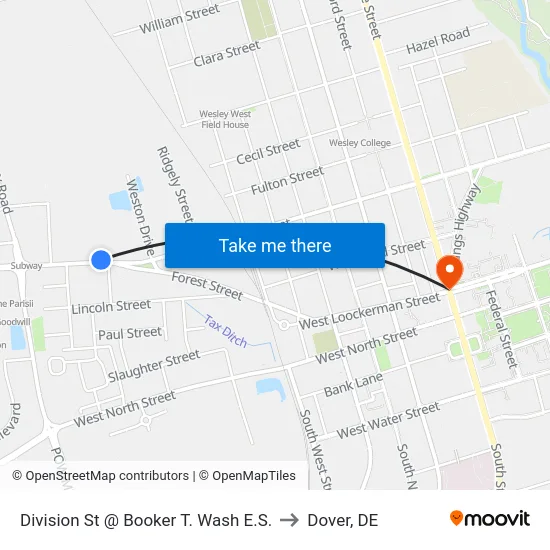 Division St @ Booker T. Wash E.S. to Dover, DE map