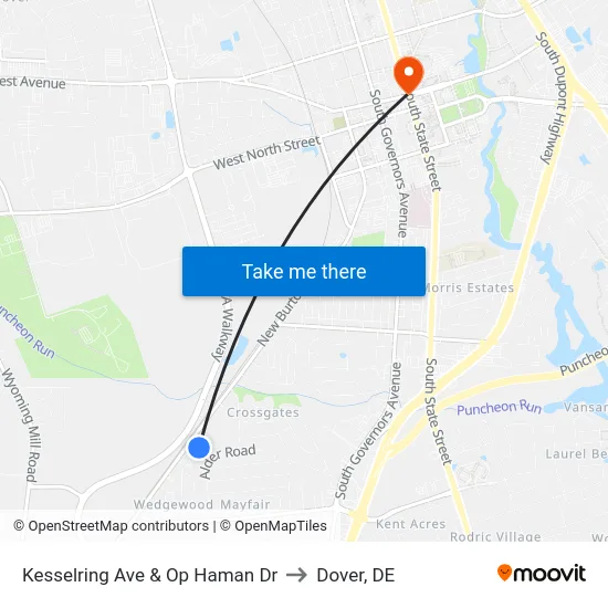 Kesselring Ave & Op Haman Dr to Dover, DE map