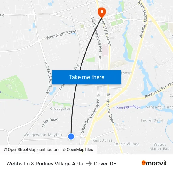 Webbs Ln & Rodney Village Apts to Dover, DE map
