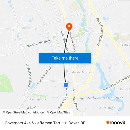 Governors Ave & Jefferson Terr to Dover, DE map