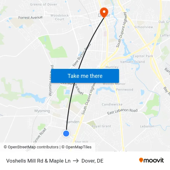 Voshells Mill Rd & Maple Ln to Dover, DE map