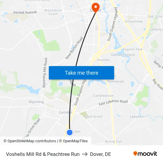 Voshells Mill Rd & Peachtree Run to Dover, DE map