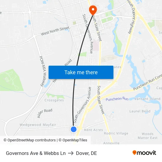 Governors Ave & Webbs Ln to Dover, DE map
