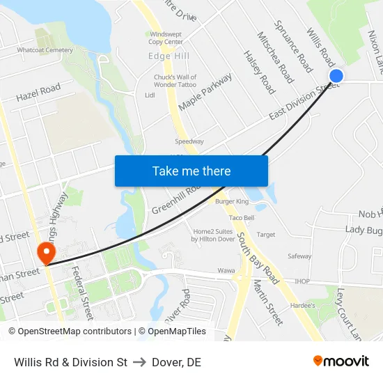 Willis Rd & Division St to Dover, DE map