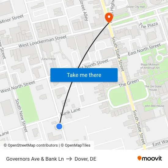 Governors Ave & Bank Ln to Dover, DE map