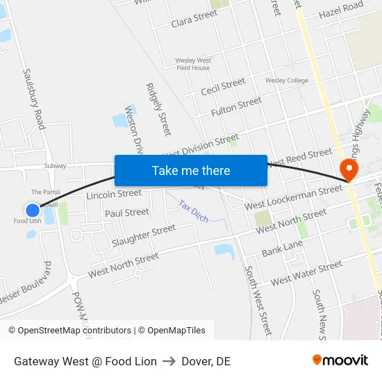 Gateway West @ Food Lion to Dover, DE map