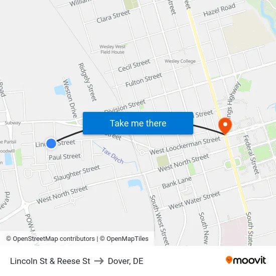 Lincoln St @ Reese St to Dover, DE map