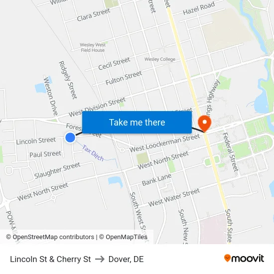 Lincoln St @ Cherry St to Dover, DE map