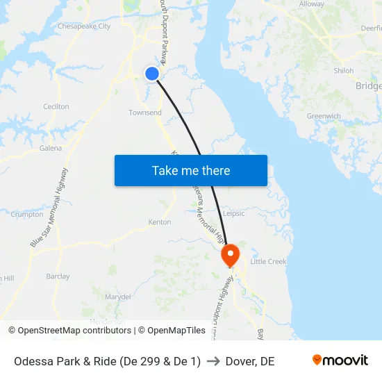 Odessa Park & Ride (De 299 & De 1) to Dover, DE map